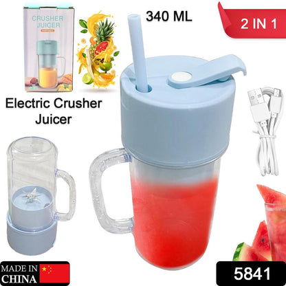 5841 2 In1 Portable Crusher Juicer With Handle Straw For Smoothie Sipper Usb Rechargeable (340 Ml) 6 Stainless Steel Blades Compact Juicer Mixer Juicer Portable Fresh Juice Blender Portable Electric Juicer ( 340 ML) )